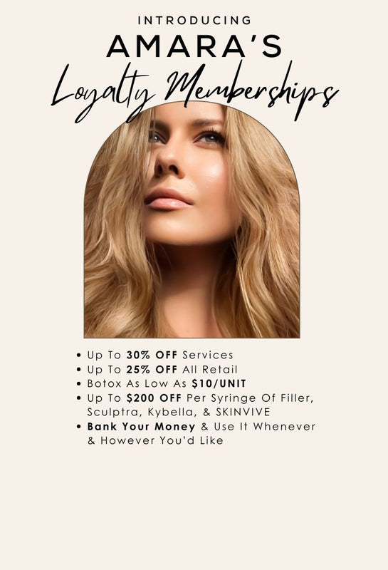 Amara Day Spa loyalty membership promotion – beautiful woman with glowing skin, offering up to 30% off spa services, 25% off retail products, Botox as low as $10 per unit, up to $200 off fillers, Sculptra, Kybella, and Skinvive – luxury beauty treatments and anti-aging services in a relaxing spa environment.
