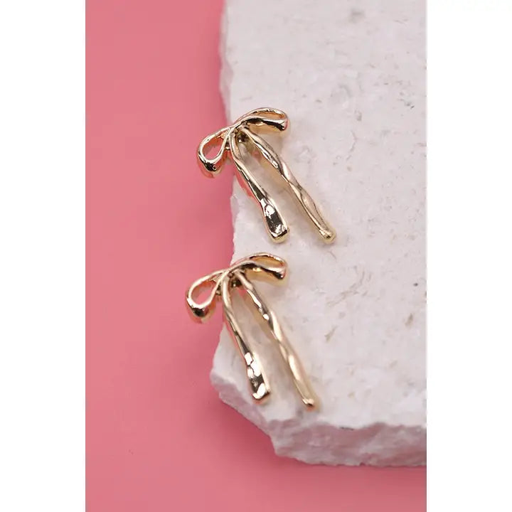 JOSSLYN Gold Long Bow Ribbon Stud Earrings