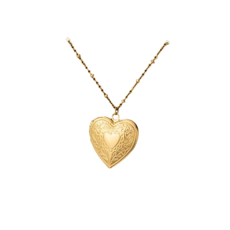 A stunning, unique Stainless Steel Floral Engraved Heart Locket Pendant. This is an Elegant heart-shaped locket with intricate floral engraving, crafted from durable stainless steel. Perfect for holding small photos or keepsakes, this timeless necklace makes a meaningful gift.