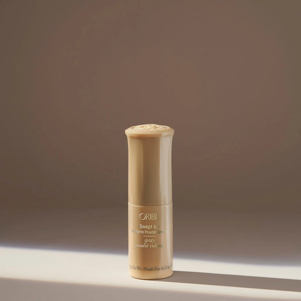 Oribe Swept Up Volume Powder Spray – precision sprayer with tapioca-starch root lift powder, instant weightless volume, grip and texture for fine hair, zero-mess application.