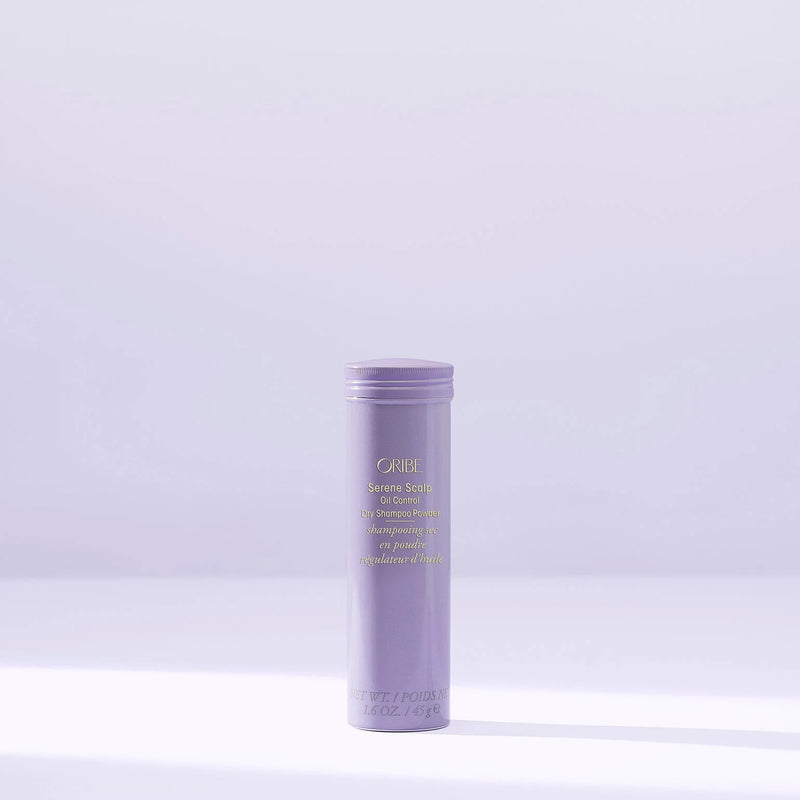 Oribe Serene Scalp Oil Control Dry Shampoo Powder – talc‑free, ultra‑absorbing powder with rice, corn & tapioca starch and kaolin clay to mattify oily scalp, refresh roots, balance microbiome with mango leaf extract.