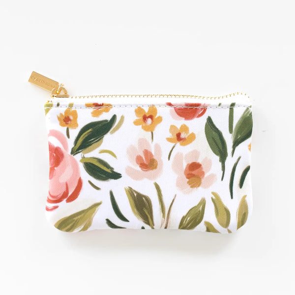 Elyse Breanne Design Spring Florals Coin Pouch with gold zipper, small floral patterned wallet for coins, cards, and essentials, compact travel accessory.