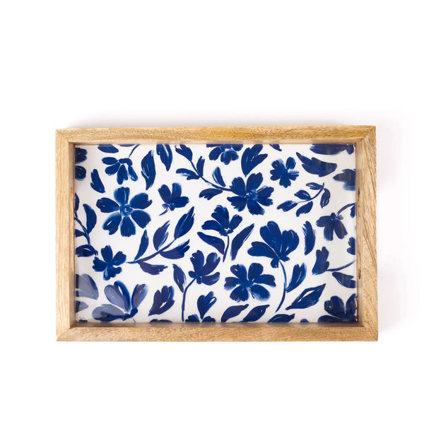 Elyse Breanne Design wooden serving tray with Porcelain Florals pattern – delicate pastel flower print on wood frame decorative tray for home décor.