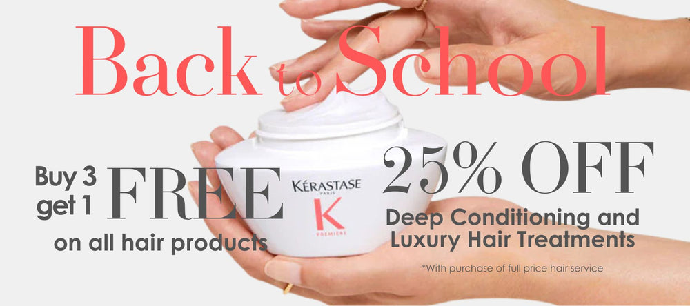 Back-to-school hair care sale at Amara Day Spa and Salon – woman’s hands holding Kérastase Première deep conditioning treatment jar – buy 3 get 1 free on all hair products and 25% off luxury deep conditioning hair treatments with full-price hair service – professional hair salon in Orem and Lehi, Utah offering premium hair care, styling, and spa services.
