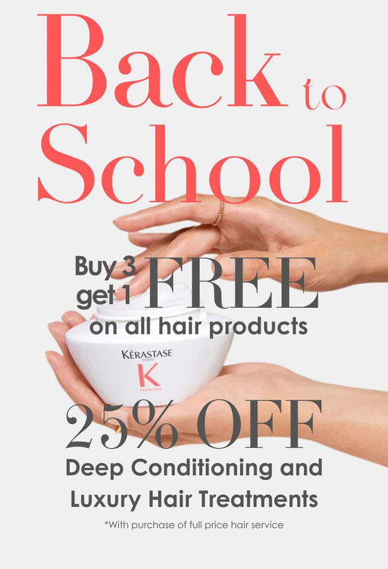 Back-to-school hair care sale at Amara Day Spa and Salon – woman’s hands holding Kérastase Première deep conditioning treatment jar – buy 3 get 1 free on all hair products and 25% off luxury deep conditioning hair treatments with full-price hair service – professional hair salon in Orem and Lehi, Utah offering premium hair care, styling, and spa services.