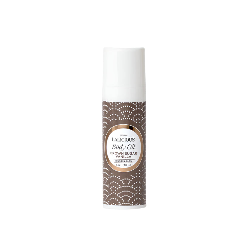 Lalicious Body Oil 1 oz in Brown Sugar Vanilla – indulgent body oil with notes of brown sugar and vanilla, perfect for dry skin. It is deeply hydating and will give radiant skin.