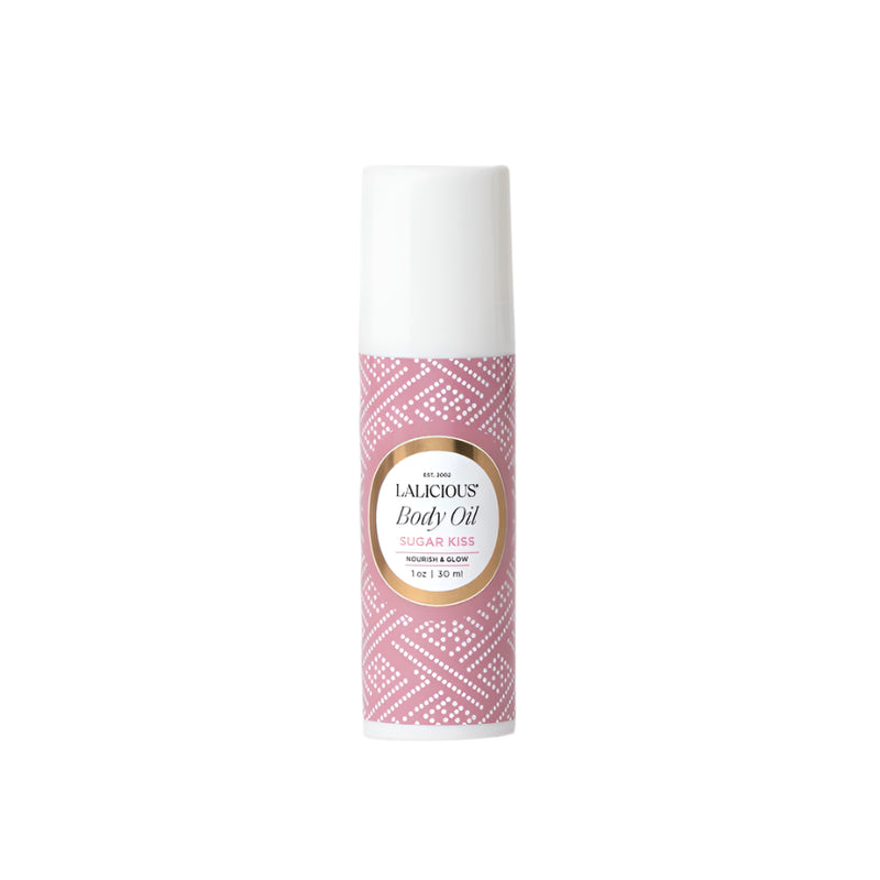 From Lalicious, the Body Oil mini 1 oz in Sugar Kiss – sweet floral body oil with notes of citrus, rose, and vanilla for soft, hydrated and radiant skin.