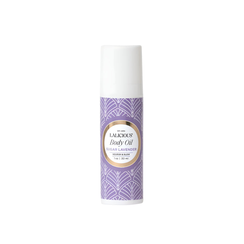 Lalicious Body Oil 1 oz in Sugar Lavender – calming lavender-scented body oil with floral and herbal notes, perfect for relaxation and hydrating skin.