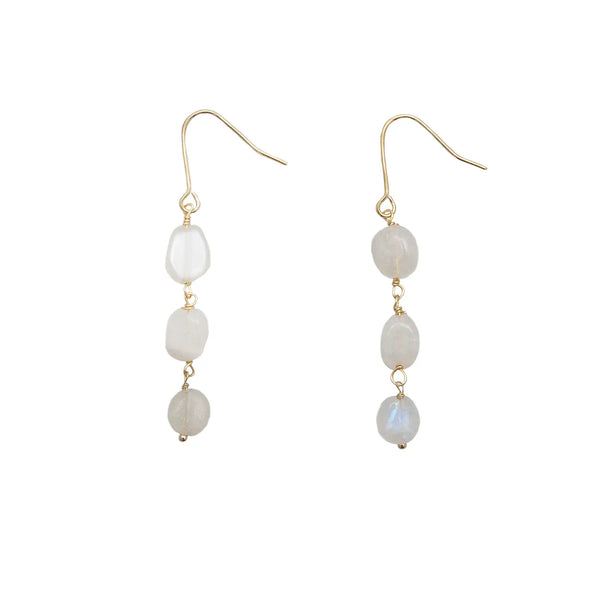 Lotus & Luna Moonstone Waterfall Earrings – three moonstone-bead gold-plated wire dangle drops with French hooks.