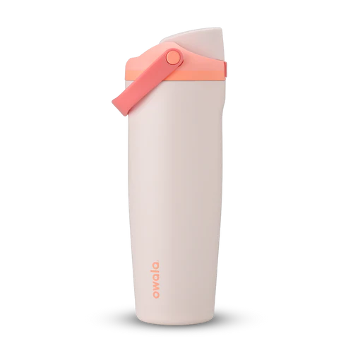 Owala FreeSip Sway Sparkling Sherbet – stainless steel insulated water bottle with pastel peach-pink gradient, side handle, and dual spout for sipping or swigging.
