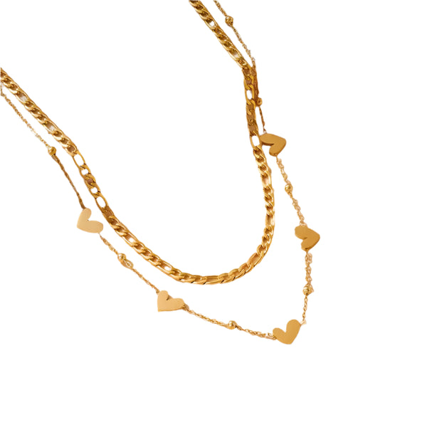 Stylish 18K Stainless Steel Tarnish-Free Layered Necklace with stacked, mixed, chains and dainty hearts, offering a modern, elegant look. Durable, hypoallergenic, and designed for long-lasting shine, perfect for any occasion.