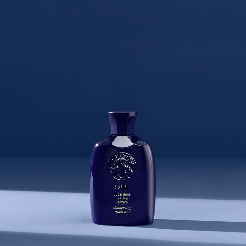Oribe Supershine Hydrating Shampoo travel size for moisturizing and smoothing hair, sulfate-free luxury haircare for softness and shine.