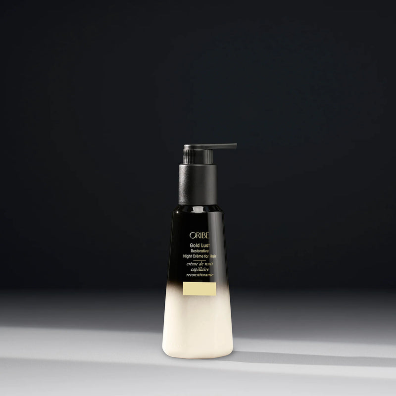 Oribe Gold Lust Restorative Night Crème for Hair – lightweight leave‑in overnight hair treatment with biomimetic lupine peptides, plant collagen, caffeine, niacinamide and eucalyptus oil for deep rejuvenation.