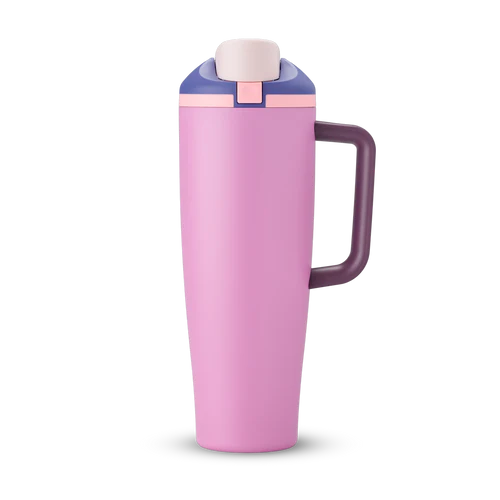 Owala FreeSip Tumbler Pretty in Purple – insulated stainless steel tumbler with side handle, triple-layer insulation, and dual sip-or-swig FreeSip spout in soft pastel lavender.