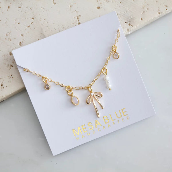 Mesa Blue Cz, Opalite, Pearl, Bow Charm Necklace