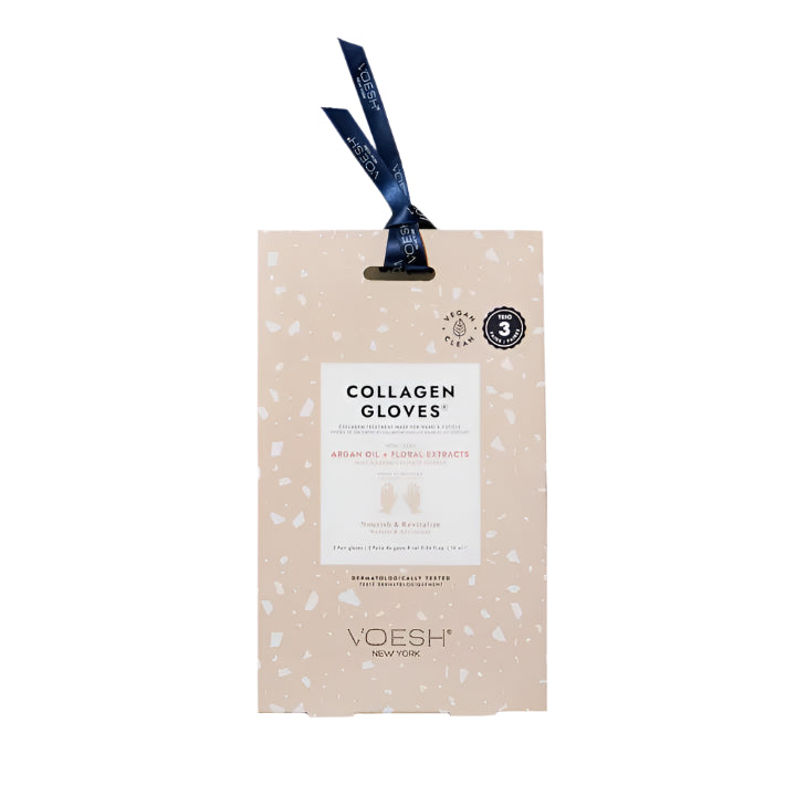 Voesh New York Collagen Gloves Trio – three vegan collagen hand masks infused with argan oil and floral botanical extracts for deep hydration and softening.