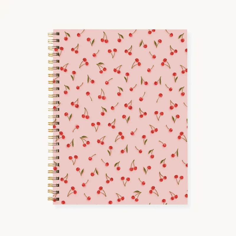 Elyse Breanne Design painted cherries spiral notebook – 7x9 hardcover journal with pink background and red cherry pattern, college ruled paper for writing, school, or office use.