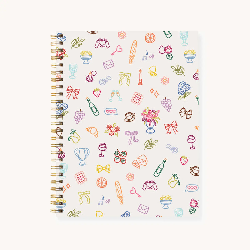 Elyse Breanne Design Favorite Things 7x9 Hardcover Spiral Notebook with colorful doodle icons of bows, flowers, coffee, wine, and treats – durable spiral bound journal for school, work, or creative writing.