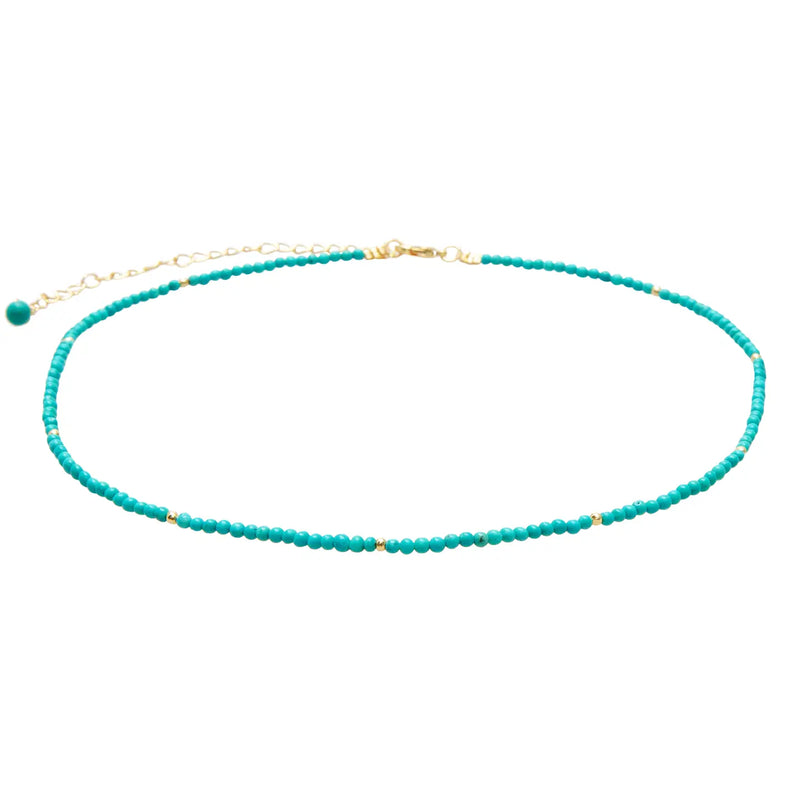 Lotus & Luna 2 mm Healing Necklace (Enlightenment Turquoise) – delicate turquoise bead chain with gold accents on adjustable gold-plated string.