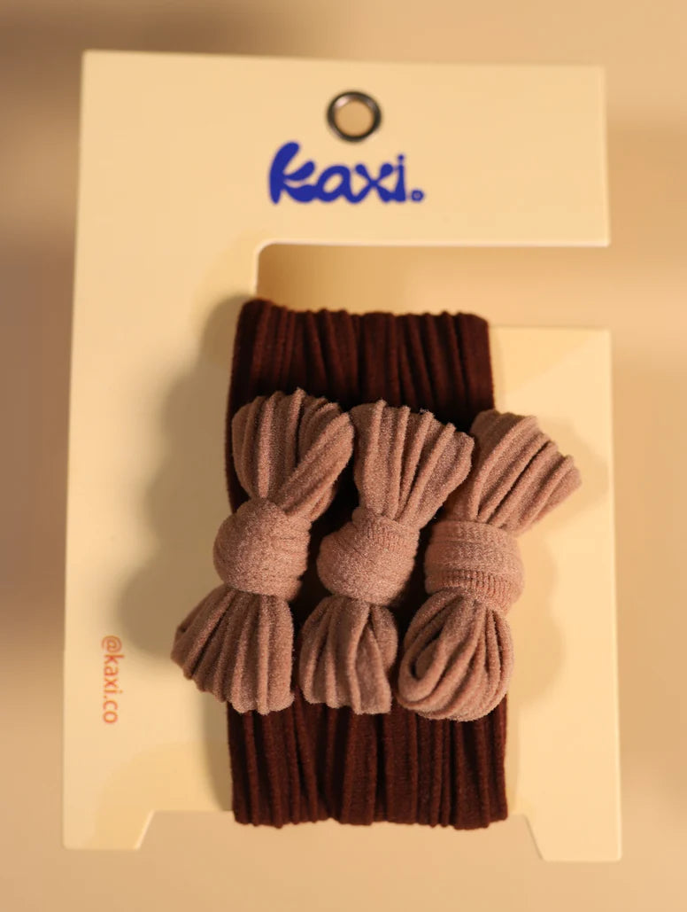 KAXI Two‑Toned Bow Slick Back Ponytail Pack (3‑count) in Dark Brown + Light Brown – oversized stretchy spandex hair ties with no‑damage internal elastic, featuring a sleek dual‑tone bow design for comfortable hold, no slip, and polished styling for workouts, everyday wear, or dressy looks.