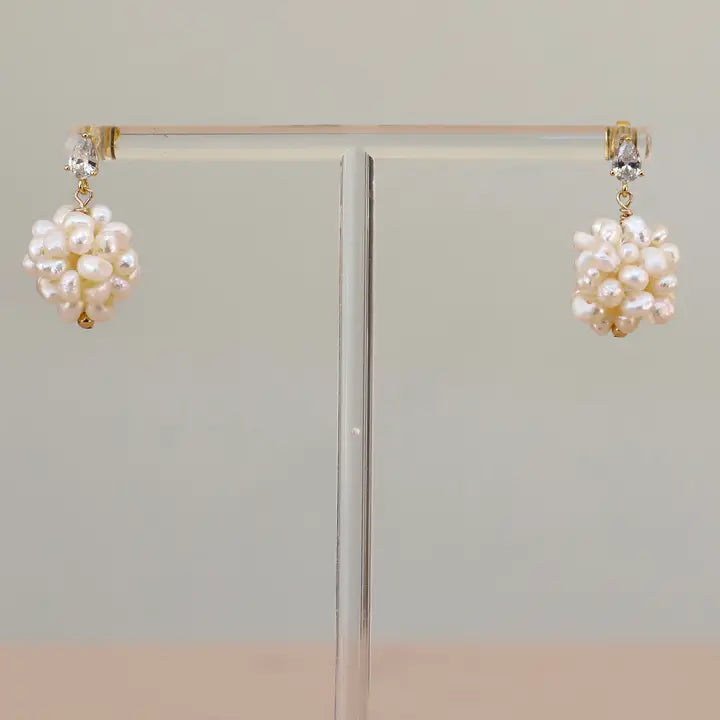 Katie Waltman Elle Pearl Cluster Earrings featuring a delicate gold-tone setting with multiple freshwater pearls in a clustered drop design — elegant, lightweight, and perfect for weddings, formal events, or everyday feminine style.