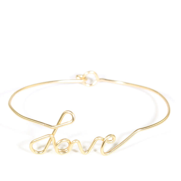 Amy Joy Love Bracelet – handcrafted gold filled wire bangle with cursive love word design, minimalist handmade jewelry.