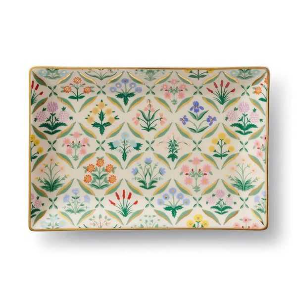 Rifle Paper Co. porcelain catchall tray in Etsee design – elegant gold-accented trinket dish for desk, vanity, or entryway decor.