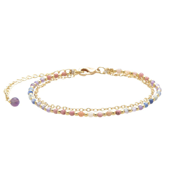 Lotus & Luna 2mm layered healing bracelet – gold plated chain with multicolor rhodolite and agate beads, adjustable length.