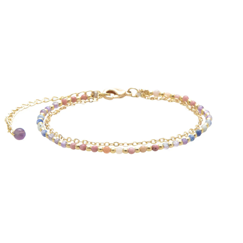 Lotus & Luna 2mm layered healing bracelet – gold plated chain with multicolor rhodolite and agate beads, adjustable length.
