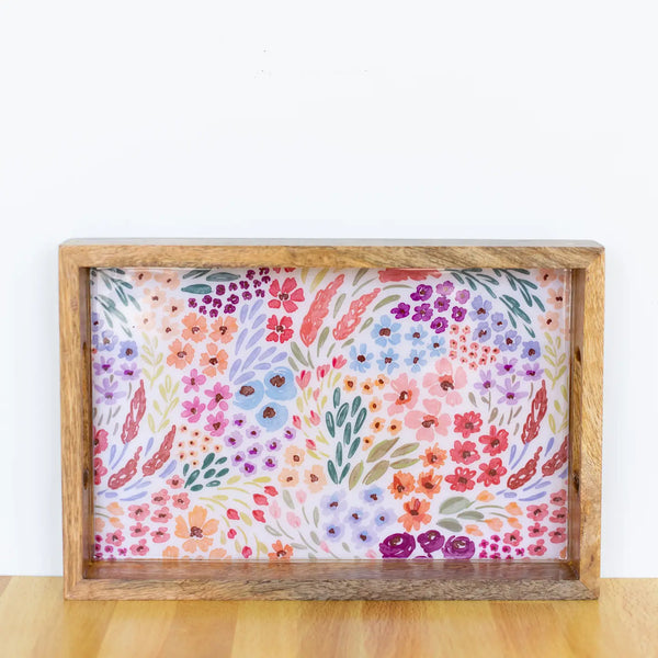 Elyse Breanne Design wooden serving tray with Countryside Blooms floral pattern – colorful hand-painted flower design on wood frame home décor.