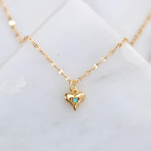 Mesa Blue dainty heart necklace with iridescent opal pendant on gold chain – minimalist opal jewelry gift for women, bridesmaids, or anniversaries.