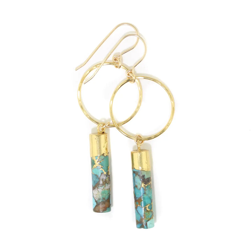 Amy Joy Oceana Earrings – gold filled hoop dangle earrings with turquoise gemstone bar drops, handmade coastal jewelry.