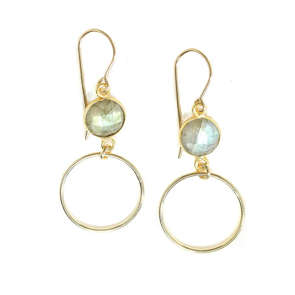 Amy Joy Circle London earrings gold filled labradorite gemstone dangle – handmade minimalist drop earrings with natural stone and gold hoop.