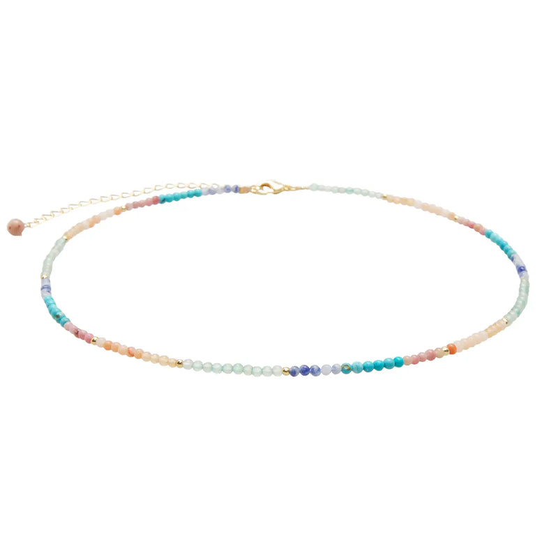Lotus & Luna 2 mm healing necklace – faceted gemstone bead chain with gold accents, adjustable talisman for balance.