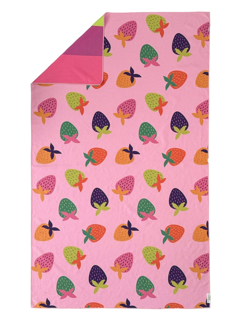 Crae Home Mixed Berry reversible pool towel – large 3.5 × 6 ft waffle-weave microfiber beach towel with elastic band.