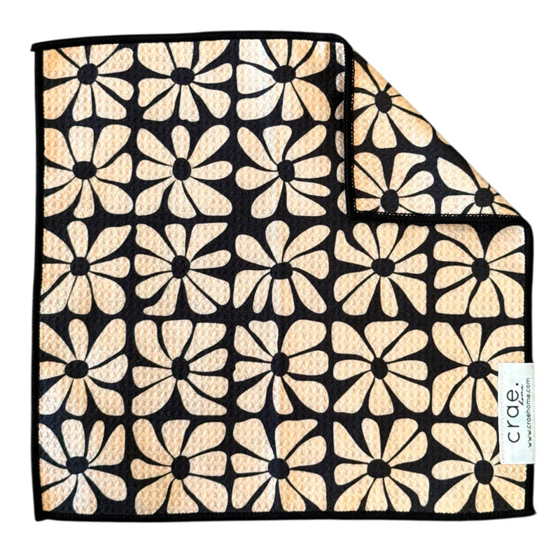 Crae Home Dark Darling reversible dishcloth – waffle-weave microfiber kitchen or bathroom towel, double-sided funky floral black and cream print.