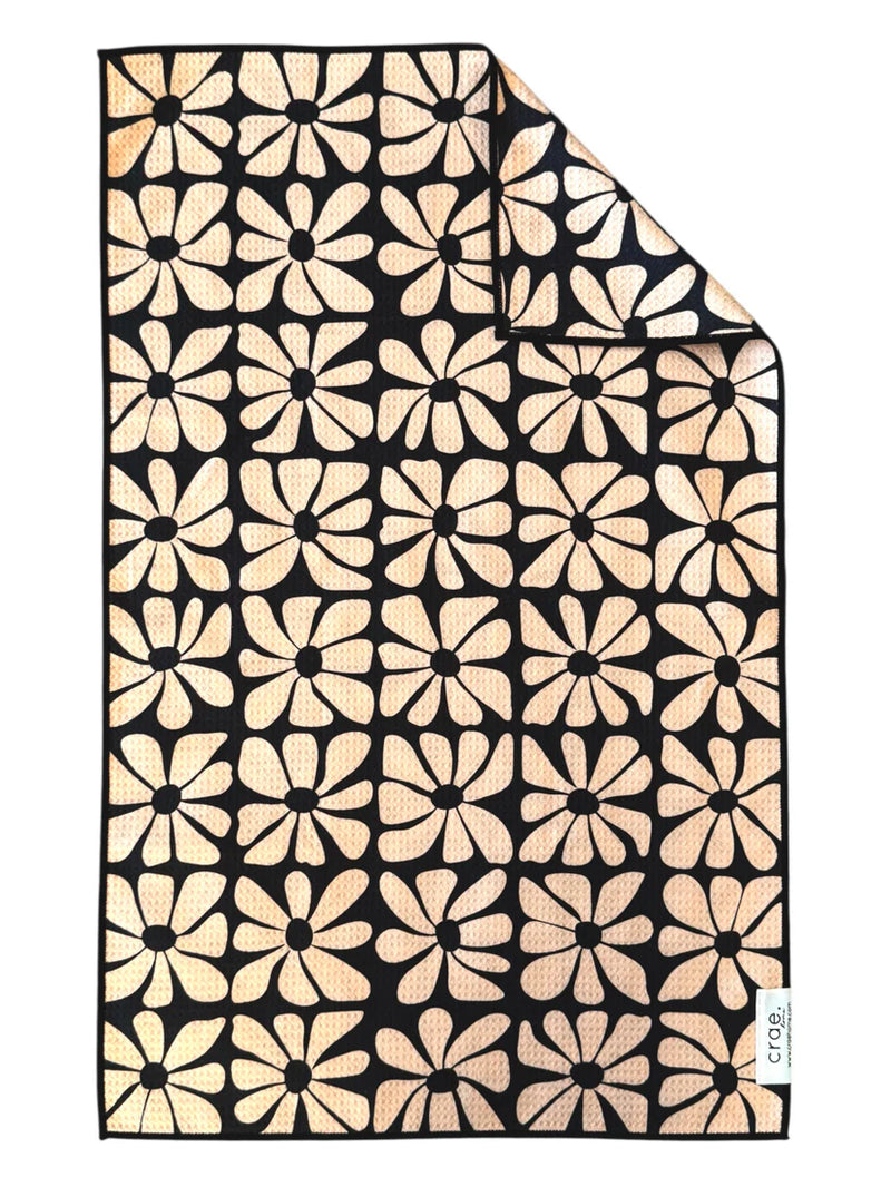 Crae Home Dark Darling reversible hand towel – waffle-weave microfiber kitchen or bathroom towel, double-sided funky floral black and cream print.