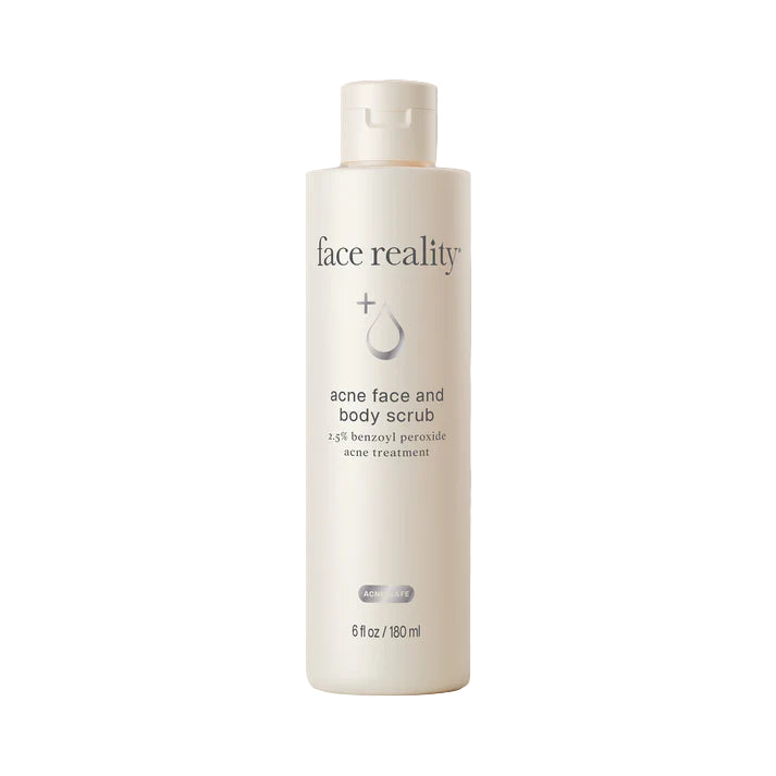 Face Reality Acne Face and Body Scrub with 2.5% benzoyl peroxide exfoliating acne treatment to unclog pores and smooth skin.