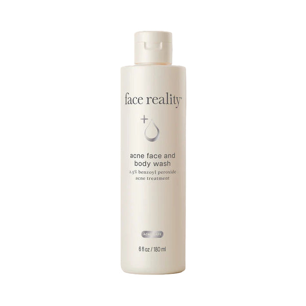 Face Reality Acne Face and Body Wash with 2.5% benzoyl peroxide acne treatment for clearing breakouts and preventing clogged pores.