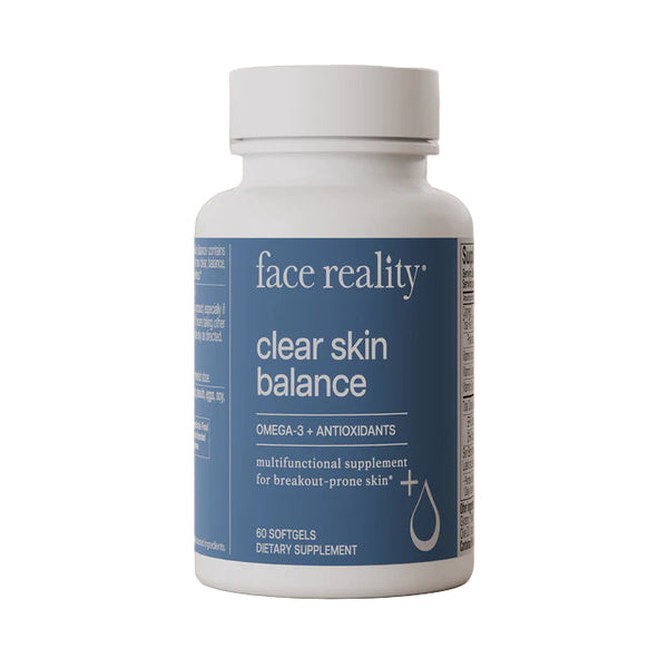 Face Reality Clear Skin Balance supplement bottle with omega-3 and antioxidants for breakout-prone skin.
