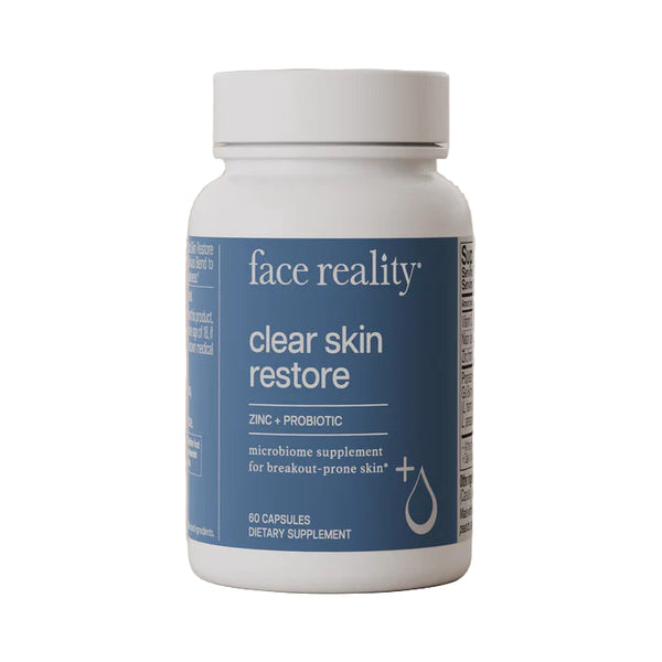 Face Reality Clear Skin Restore supplement with zinc and probiotics for acne-prone skin and gut health support.