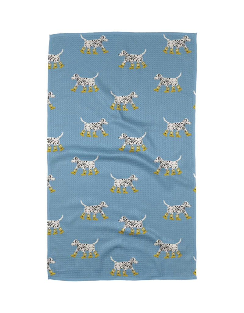 Geometry Kitchen tea towel Dalmatian in Boots Blue – white microfiber waffle‑weave towel printed with playful blue dalmatian dogs wearing yellow boots, quick‑dry and ultra‑absorbent fabric, includes hanging loop.