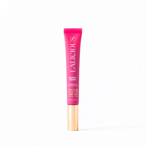 Lalicious Berry Bomb Hydrating Butter Gloss with SPF 30, tinted lip gloss that moisturizes and protects lips with a berry flavor.