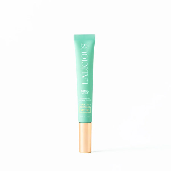 Lalicious Hydrating Butter Gloss SPF 30 in Cool Mint with broad-spectrum sun protection and a refreshing minty finish.