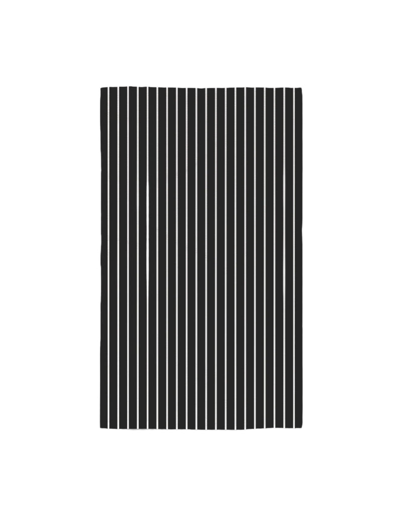 Geometry Kitchen luxe tea towel Black Linen – black microfiber waffle‑weave towel with fine white vertical pinstripes, quick‑dry, ultra‑absorbent, includes hanging loop.