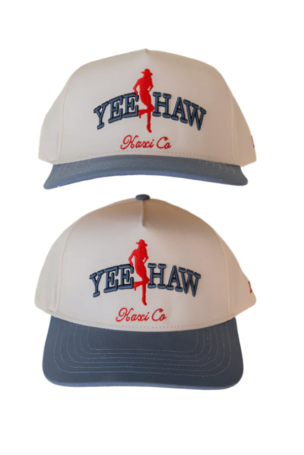 KAXI Yeehaw Trucker Hat – adjustable snapback Western‑style cap with bold embroidered “YEE HAW” in contrasting thread, cream canvas, structured medium profile for breathable all‑day wear.