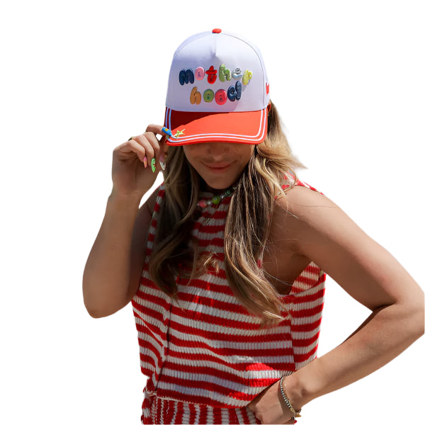 KAXI Motherhood Trucker Hats – Mesh-Back Snapback Caps with Embroidered Motherhood Patch in the Color Option Red & Colorful for Casual Mom Style.