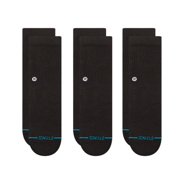 From Stance Icon Kids Crew Socks 3 Pack in the color Black. They are comfortable, durable crew socks for kids with soft cotton fabric. Classic black design with the iconic Stance logo. Ideal for everyday wear, school, and active play. A versatile 3-pack for easy outfitting.