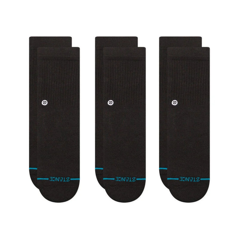 From Stance Icon Kids Crew Socks 3 Pack in the color Black. They are comfortable, durable crew socks for kids with soft cotton fabric. Classic black design with the iconic Stance logo. Ideal for everyday wear, school, and active play. A versatile 3-pack for easy outfitting.