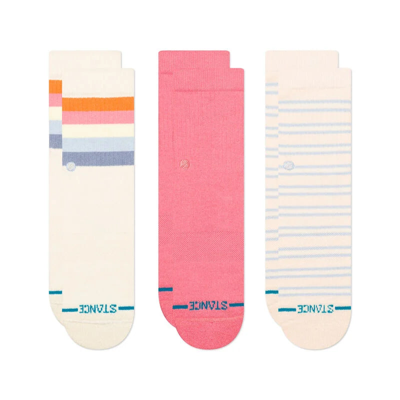 Stance Kids Maliboo Crew Socks 3-Pack in Pink — playful crew-length socks for kids featuring vibrant tropical and beach-inspired patterns, soft cotton blend, and light cushioning for all-day comfort.